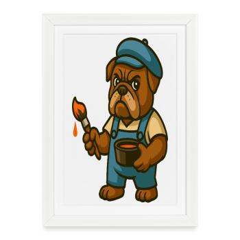 Peintre Mascotte Bouledogue avec seau à peinture - Affiche encadrée (27 × 37 cm) - blanc - Devant