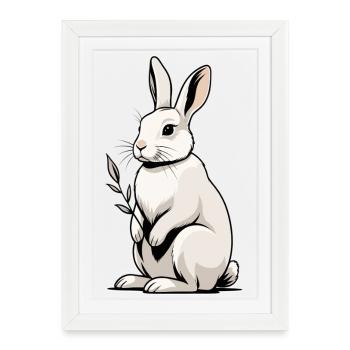 Lapin blanc à plante feuillue - Affiche encadrée (27 × 37 cm) - blanc - Devant