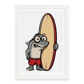 Dessin animé requin surfeur avec planche de surf - Affiche encadrée (27 × 37 cm) - blanc - Devant