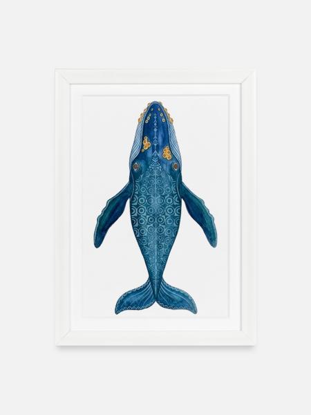 Blauwal-Geometrisches Aquarell-Totem - Gerahmtes Poster (27 × 37 cm) - Weiß