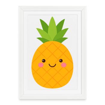 Ananas de Kawaii – Fruit sucré avec visage - Affiche encadrée (27 × 37 cm) - blanc - Devant
