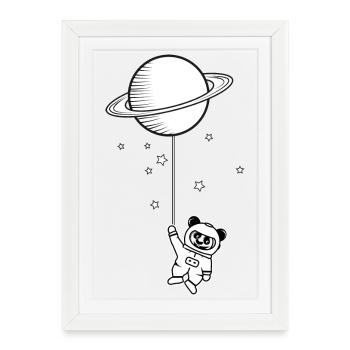 petit ours panda astronaute avec ballon Saturne - Affiche encadrée (27 × 37 cm) - blanc - Devant