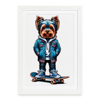 Patineur Yorkshire Terrier - Affiche encadrée (27 × 37 cm) - blanc - Devant