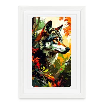 Loup en automne (vue à droite) - Affiche encadrée (27 × 37 cm) - blanc - Devant