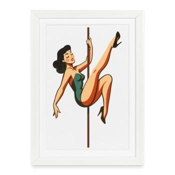Pole Dance Pole Dancer Cheveux Noir Rétro Années 50 - Affiche encadrée (27 × 37 cm) - blanc - Devant