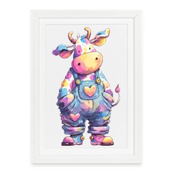 Vache pastel en salopette colorée - Affiche encadrée (27 × 37 cm) - blanc - Devant