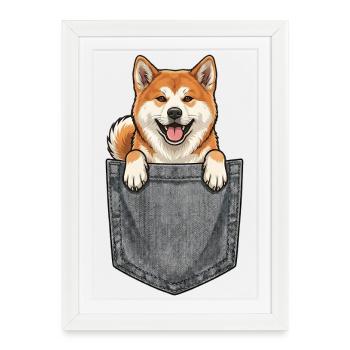 Akita Inu dans la Poche - Chien Japonais Mignon - Affiche encadrée (27 × 37 cm) - blanc - Devant