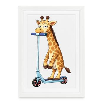 Mignonne girafe trottinette trottinette Amitié dessin animé - Affiche encadrée (27 × 37 cm) - blanc - Devant