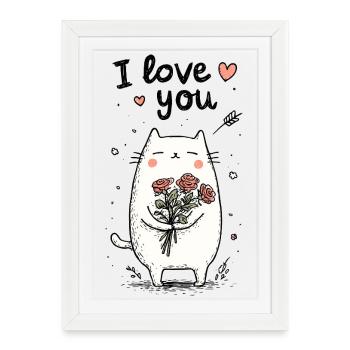 Cuddly cat with rose heart - Framed poster (27 × 37 cm) - white - Front