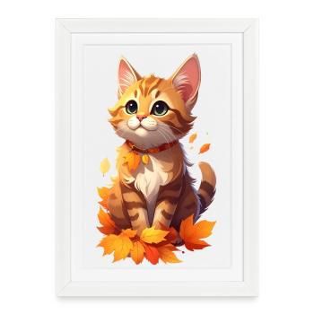 Chat en automne - Affiche encadrée (27 × 37 cm) - blanc - Devant