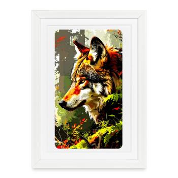 Wolf in the forest in autumn leaves (view to the left) - Framed poster (27 × 37 cm) - white - Front