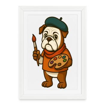 Mascotte Bulldog artiste avec palette de peintures - Affiche encadrée (27 × 37 cm) - blanc - Devant