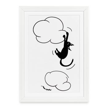 Chat noir suspendu à un nuage. - Affiche encadrée (27 × 37 cm) - blanc - Devant
