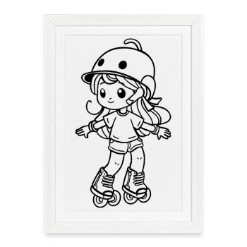 Dessin animé de la Fille Patineuse à roulettes - Affiche encadrée (27 × 37 cm) - blanc - Devant