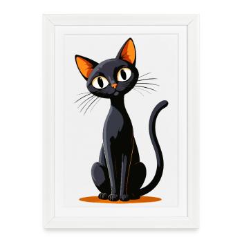 Chat noir cartoon yeux oranges - Affiche encadrée (27 × 37 cm) - blanc - Devant