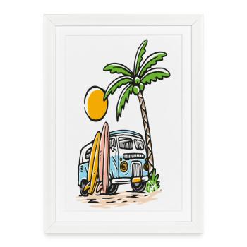 Tropical surf bus on the palm beach - Framed poster (27 × 37 cm) - white - Front