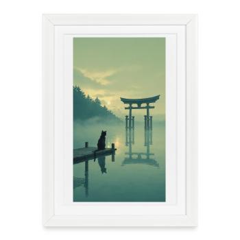 Black Cat on the Torii – Asian Zen Design - Affiche encadrée (27 × 37 cm) - blanc - Devant