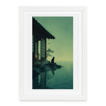 Black Cat at the Teahouse – Conception zen asiatique - Affiche encadrée (27 × 37 cm) - blanc - Devant