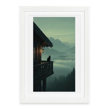 Chat noir sur le balcon de la montagne – Design zen asiatique - Affiche encadrée (27 × 37 cm) - blanc - Devant