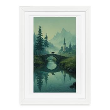 Black Cat at Stone Bridge – Conception zen asiatique - Affiche encadrée (27 × 37 cm) - blanc - Devant
