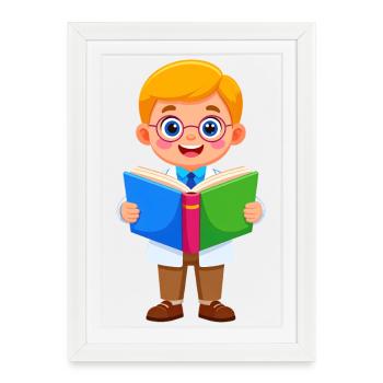 Boy with glasses reading a book – bookworm - Framed poster (27 × 37 cm) - white - Front
