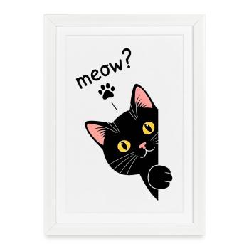 Chat noir curieux au bord de Meow ! - Black Ca - Affiche encadrée (27 × 37 cm) - blanc - Devant