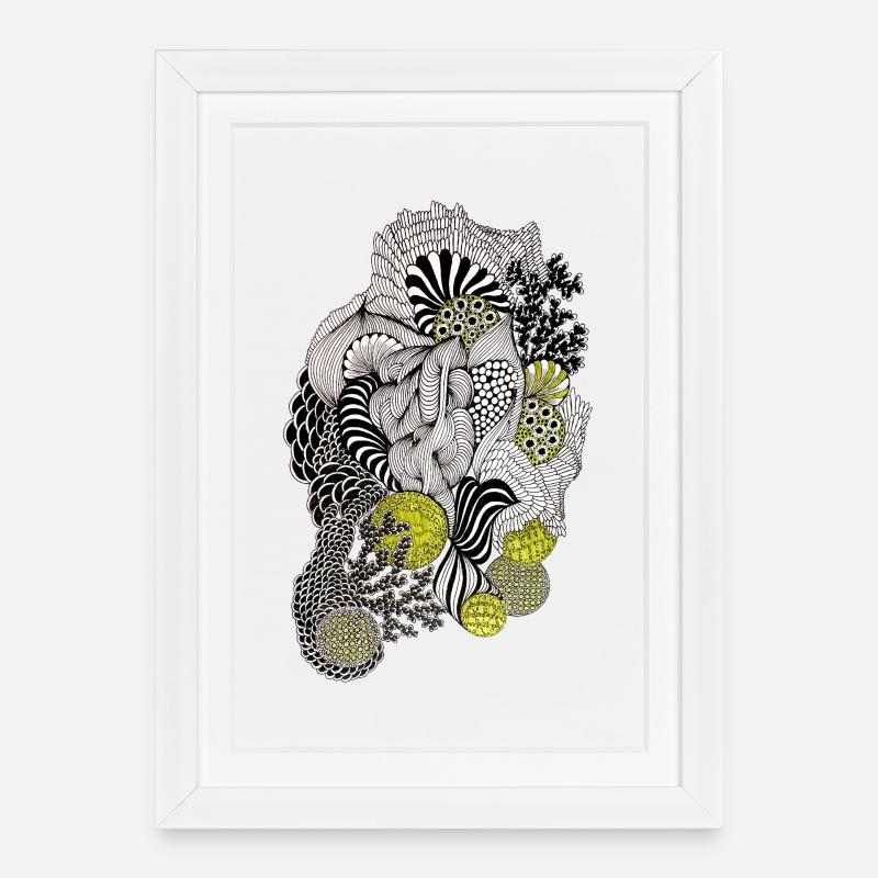 Organische Musterblüte Gelb Schwarz - Gerahmtes Poster (27 × 37 cm) - Weiß