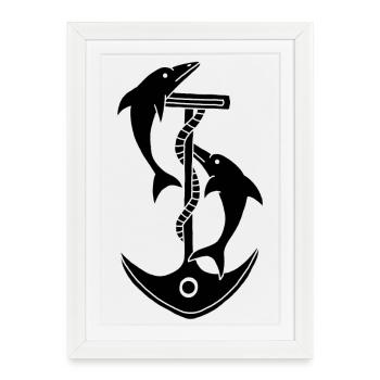 Anchor and dolphins (black) - Framed poster (27 × 37 cm) - white - Front