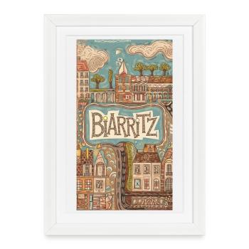 Biarritz bord de mer Rétro Illustration France Ville - Affiche encadrée (27 × 37 cm) - blanc - Devant