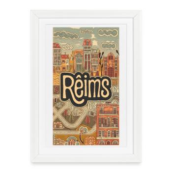 Paysage urbain de Reims Illustration rétro - Affiche encadrée (27 × 37 cm) - blanc - Devant