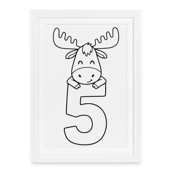 Illustration de dessin animé d'un mignon orignal avec le chiffre 5 - Affiche encadrée (27 × 37 cm) - blanc - Devant