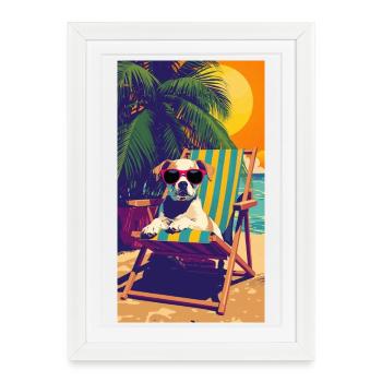 Dog at sunset on a beach chair - Framed poster (27 × 37 cm) - white - Front