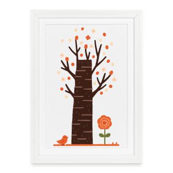 Arbre en fleurs fantaisiste avec oiseau - Affiche encadrée (27 × 37 cm) - blanc - Devant