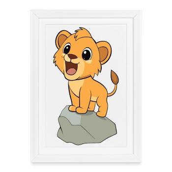 Merry baby lion cub roaring, on a rock (v02 - Framed poster (27 × 37 cm) - white - Front