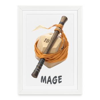 D20 with Wand – Mage Fantasy Dice - Framed poster (27 × 37 cm) - white - Front