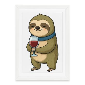 Süßer Faultier Weinliebhaber Cartoon Rotwein - Gerahmtes Poster (27 × 37 cm) - Weiß - Vorne