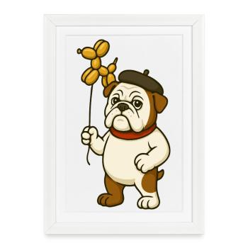 Bouledogue artistique tenant un chien ballon doré - Affiche encadrée (27 × 37 cm) - blanc - Devant
