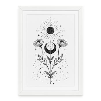 Soleil et lune bohèmes avec des éléments floraux - Affiche encadrée (27 × 37 cm) - blanc - Devant