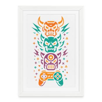 Totem Gamer Néon | Contrôleur & Crâne - Affiche encadrée (27 × 37 cm) - blanc - Devant
