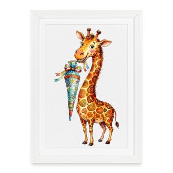 Giraffe mignonne rentrée à l’école avec un cornet d’école - Affiche encadrée (27 × 37 cm) - blanc - Devant