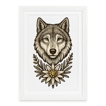 Tête de loup avec edelweiss - Affiche encadrée (27 × 37 cm) - blanc - Devant