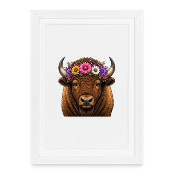 Bison with floral decoration - Framed poster (27 × 37 cm) - white - Front