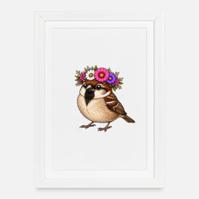 Vogel mit Blumenschmuck - Gerahmtes Poster (27 × 37 cm) - Weiß