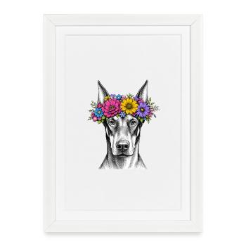 Chien avec une couronne de fleurs - Affiche encadrée (27 × 37 cm) - blanc - Devant