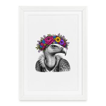 Portrait d’oiseau en couronne de fleurs - Affiche encadrée (27 × 37 cm) - blanc - Devant
