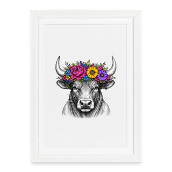 Illustration de couronne florale avec tête de taureau - Affiche encadrée (27 × 37 cm) - blanc - Devant