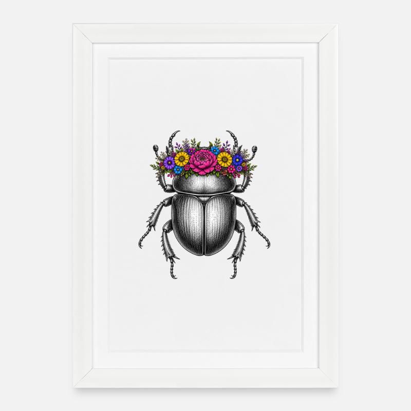 Skarabäus mit Blumenkrone - Gerahmtes Poster (27 × 37 cm) - Weiß