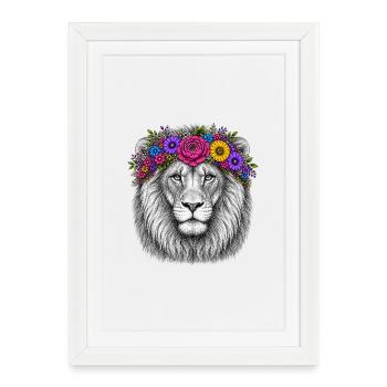 Tête de lion avec couronne de fleurs - Affiche encadrée (27 × 37 cm) - blanc - Devant