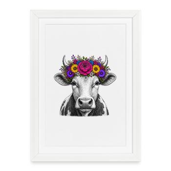 Vache avec couronne de fleurs - Affiche encadrée (27 × 37 cm) - blanc - Devant