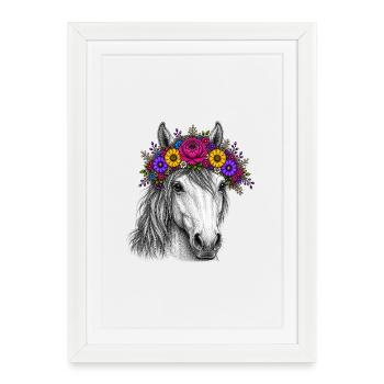 Cheval avec une couronne de fleurs - Affiche encadrée (27 × 37 cm) - blanc - Devant